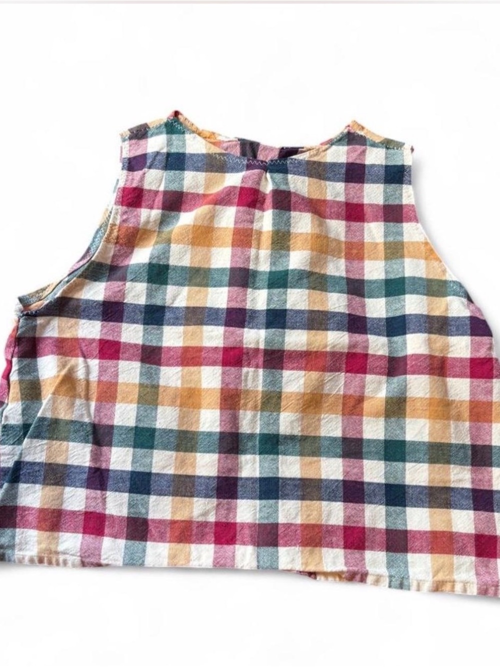 plaid print boho cottage core sleeveless blouse 100% cotton size large guess